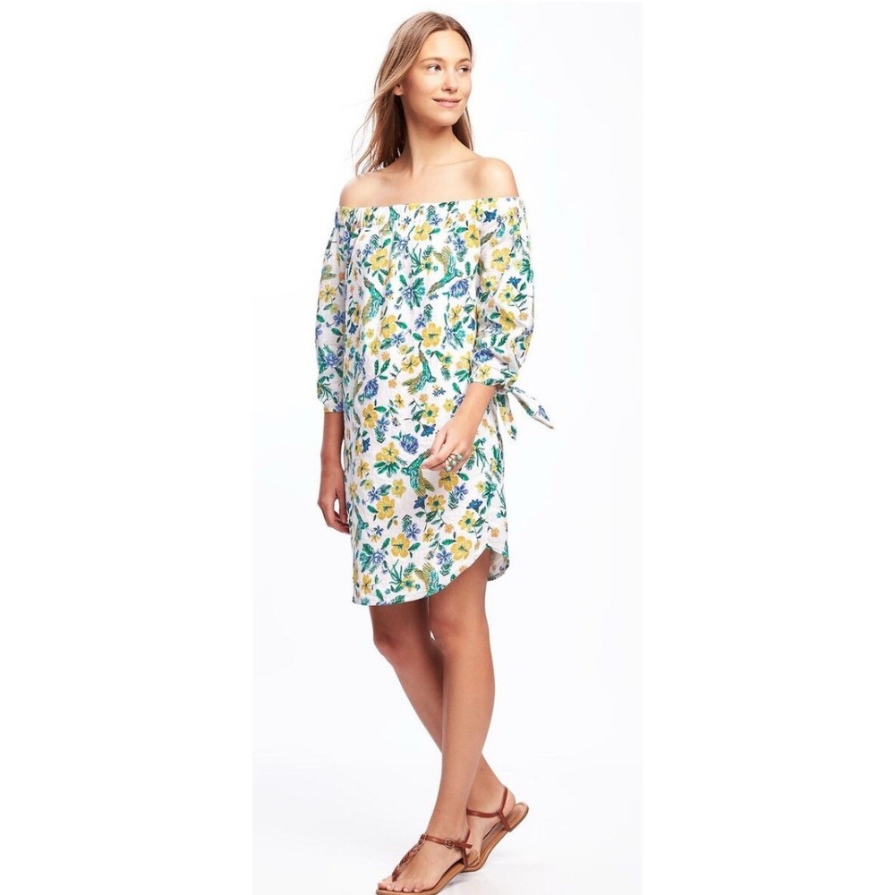 Old Navy Womens Large Tropical Floral Parrot Bird Print Off Shoulder White Dress